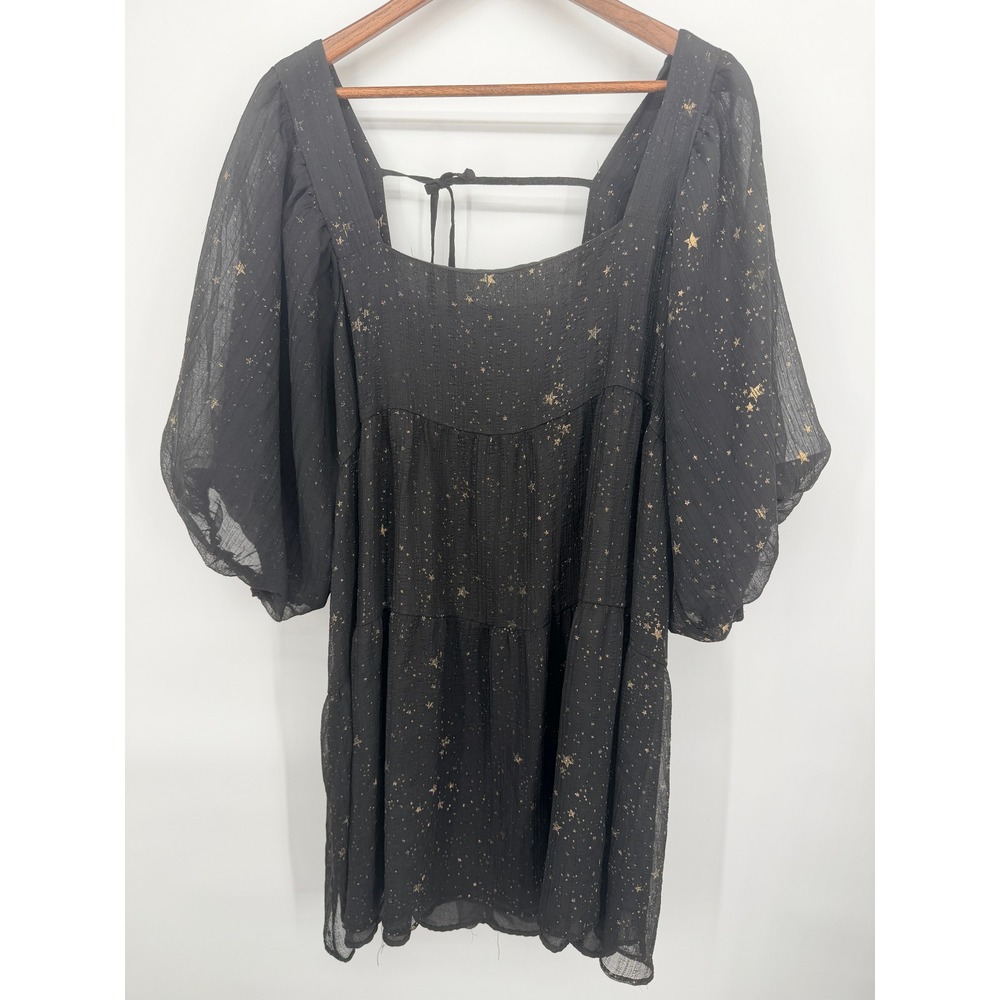 Nasty Gal Dress Women 16 Black Excellent Gold Metallic Star Puff Sleeve Babydoll